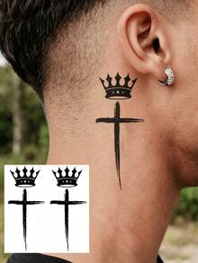 1pc Black Cross Crown Temporary Tattoo Sticker, Suitable For Men And Women Adults, Can Be Used On Hands, Fingers, Neck, Collarbone, Ankles, Forearms, Calves And Other Body Parts, Semi-Permanent Fake Tattoo Sticker, Waterproof And Long-Lasting, Realistic Effect, Suitable For Festivals, Parties And Other Occasions. - Multicolor - View 4
