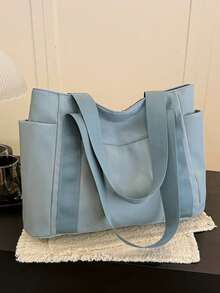 Tas Tote Kasual Minimalis Warna Polos Bergaya, Kapasitas Besar, Tas Bahu Wanita, Liontin Tidak Termasuk - Baby Blue - View 8