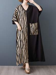 AZAH Vestido suelto de línea A a rayas para mujer talla grande con bolsillos, mangas cortas de murciélago, vestido bohemio casual de vacaciones de playa elegante negro verano 2026 - Negro - Ver 7
