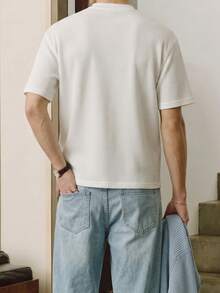 Men's White Waffle Knit Half-Zip Henley T-Shirt, Short Sleeve Casual Top - White - View 2