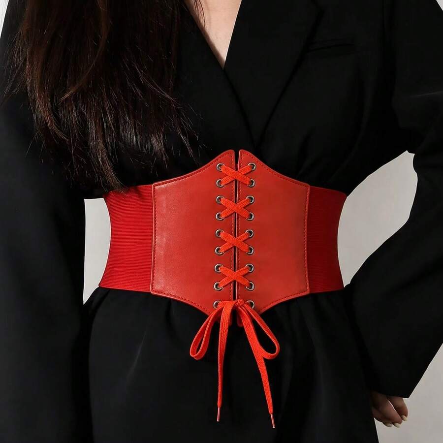 1pc Women's Red Fashion Versatile Lace-Up Elastic Waist Belt, Minimalist Style, Suitable For Daily Commute, Dinner, Party And Other Occasions - Red - View 1