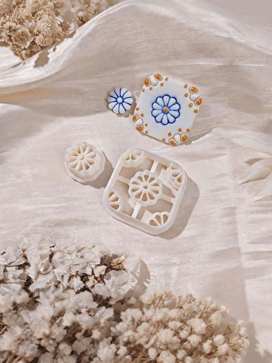 Mini Daisy Flower Polymer Clay Cutters, Round & Square Floral Outline Mold For Vintage Handmade Stud Earring Craft Supplies - White - View 1