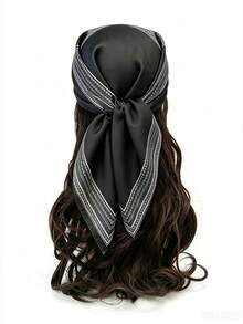 1pc Women's Bohemian Vintage Print 70cm Square Silk Scarf, Can Be Used As Belt, Ribbon, Hair Accessory, Suitable For Daily, Vacation And Date - Black - View 3