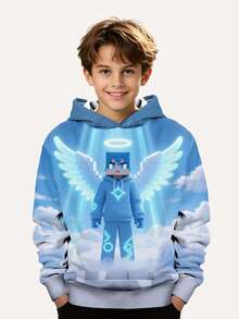 Tween Boy Fashion Printed Casual Pullover - Long Sleeve, Crew Neck Sweatshirt, Suitable For Spring And Autumn, Cool Print - Blue - View 1