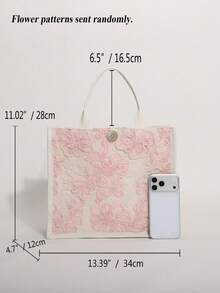 Bolso de mano de lino con patchwork de malla con lentejuelas y bordado floral azul claro, bolso tote de gran capacidad con patrón floral horizontal cuadrado, adecuado para vacaciones casuales (patrón floral distribuido aleatoriamente) - Rosa Pálido - Ver 3