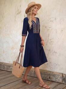Vestido casual de longitud media con cuello en V y manga corta con estampado geométrico para mujer - Azul - Ver 6