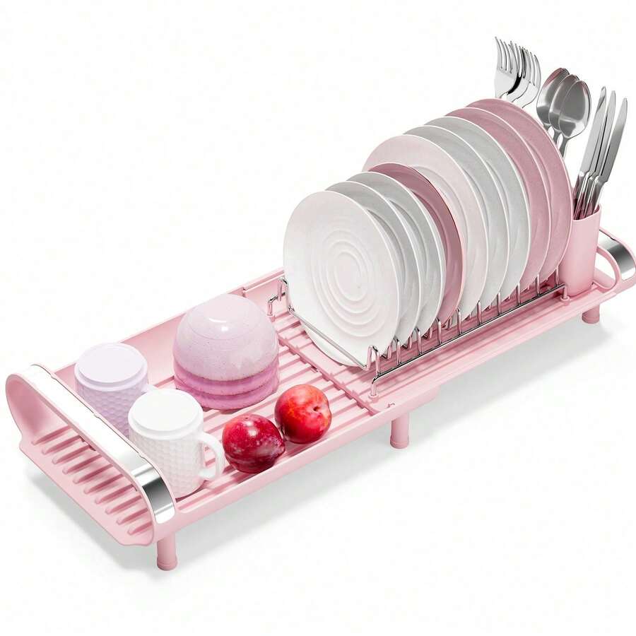 Expandable Dish Drying Rack Adjustable Length 11.2''-19.8'' With Free Cutlery Holder, 2.5 °   Inclined Fast Drain Dish Rack, Rustproof Stainless Steel Plate Cup Bowl Organizer For Kitchen Counter Sink - Pink - View 1