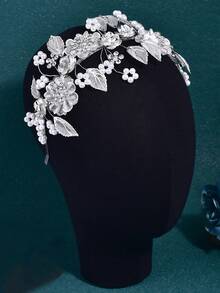 1pc Elegant Bridal Headband Alloy Flower & Leaf Design For Women, Suitable For Wedding Party - Silver - View 7