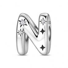 1 pieza Encanto de cuentas de la serie de iniciales estrelladas de estilo cielo estrellado celestial de plata de ley S925 de baja alergia, adecuado para pulsera original, fabricación de joyas DIY para mujeres, regalo de cumpleaños - Blanco - Ver 30