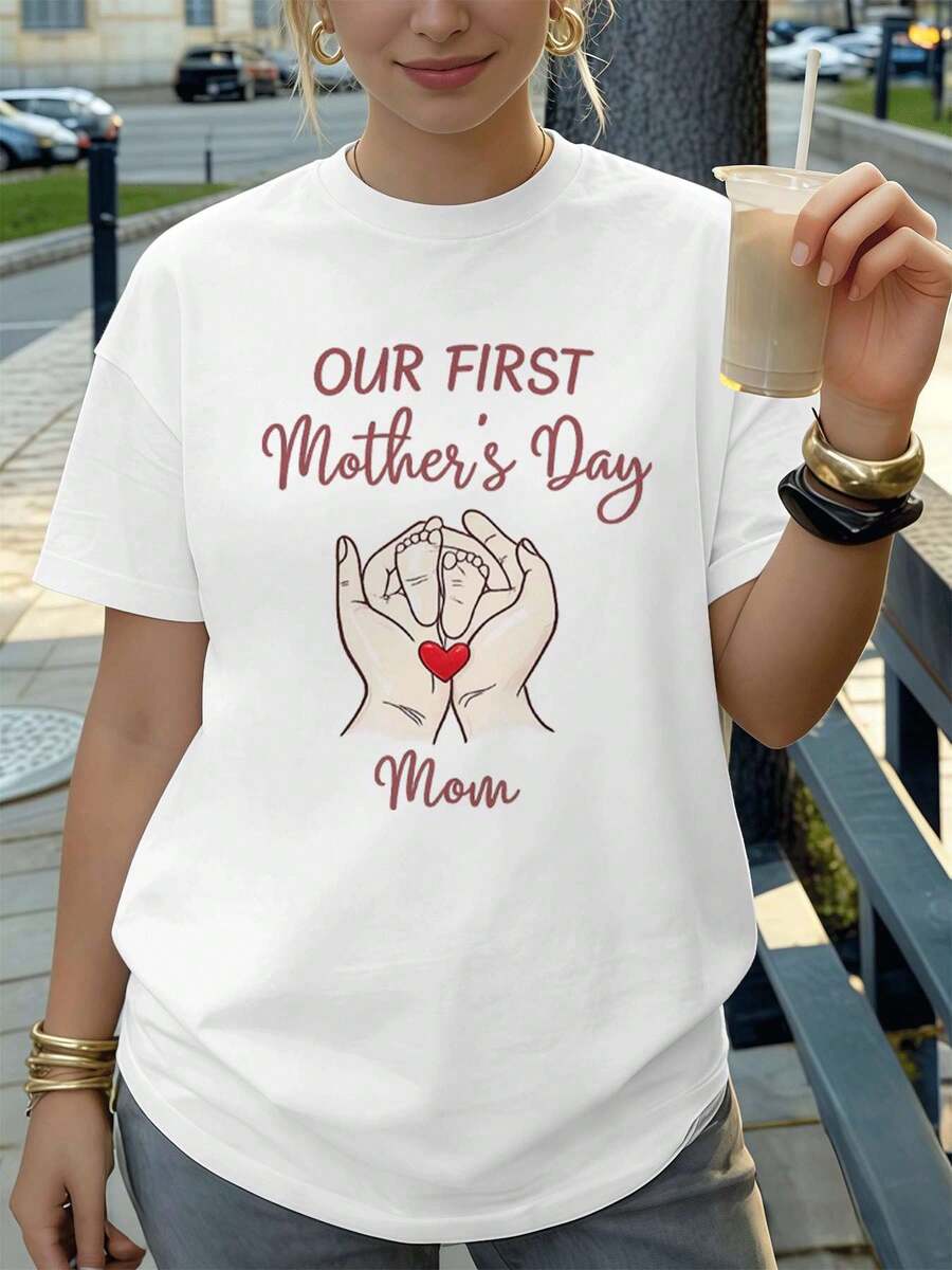 Camiseta para el primer Día de la Madre, regalo para mamá, algodón premium, cuello redondo, corte holgado, cómoda, estampado llamativo. - Blanco - Ver 1