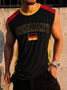 Fractyr 男士「Germany」國旗印花拼色無袖背心，柔軟復古運動寬鬆肌肉背心，復古足球休閒夏季背心 - 黑色 - 查看 4