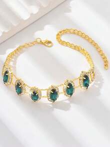 1PC Full Rhinestone Sparkling Elegant Vintage Luxury Emerald Green Anklet, Suitable For Women's Daily Wear And Vacation - Multicolor - View 5