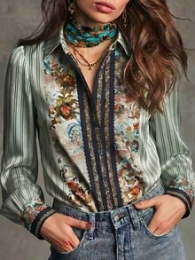 Kemeja Wanita Motif Garis-Garis dan Bunga Musim Gugur Kasual untuk Sehari-hari, Liburan, Kantor, dan Perjalanan Sepanjang Musim. - Hijau - View 2