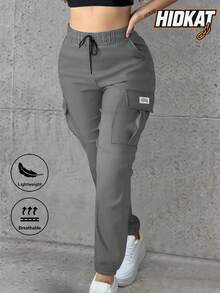 Women'S Drawstring Waist Cargo Pants, Pockets Design, Casual Outdoor Jogger Trousers For Spring & Autumn Tights Sports - Grey - View 3