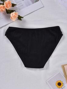 1 pieza Bragas de algodón acanalado de cintura media para mujer, bragas triangulares con empalme de encaje floral, ropa interior básica de uso diario - Negro - Ver 4
