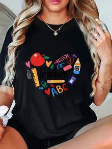 Casual, Women's T-Shirt, Teacher Heart With School Supplies And ABC Design, Everyday Wear For Spring And Fall, Gift For Teachers - Black - View 8