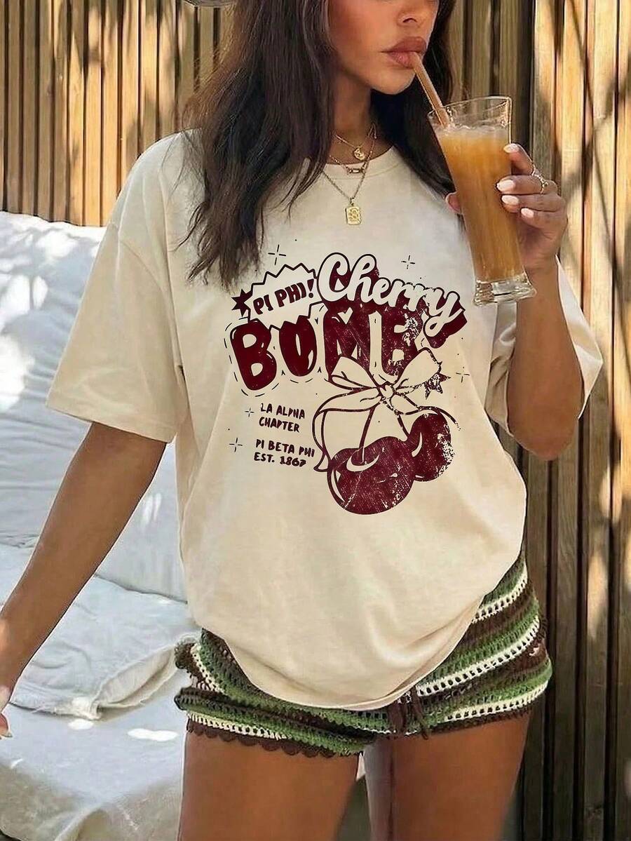 Camiseta de mujer estampada de manga corta para verano, tela de poliéster, estilo multifuncional, corte regular, peso 180 gramos, 1 unidad. - Albaricoque - Ver 1