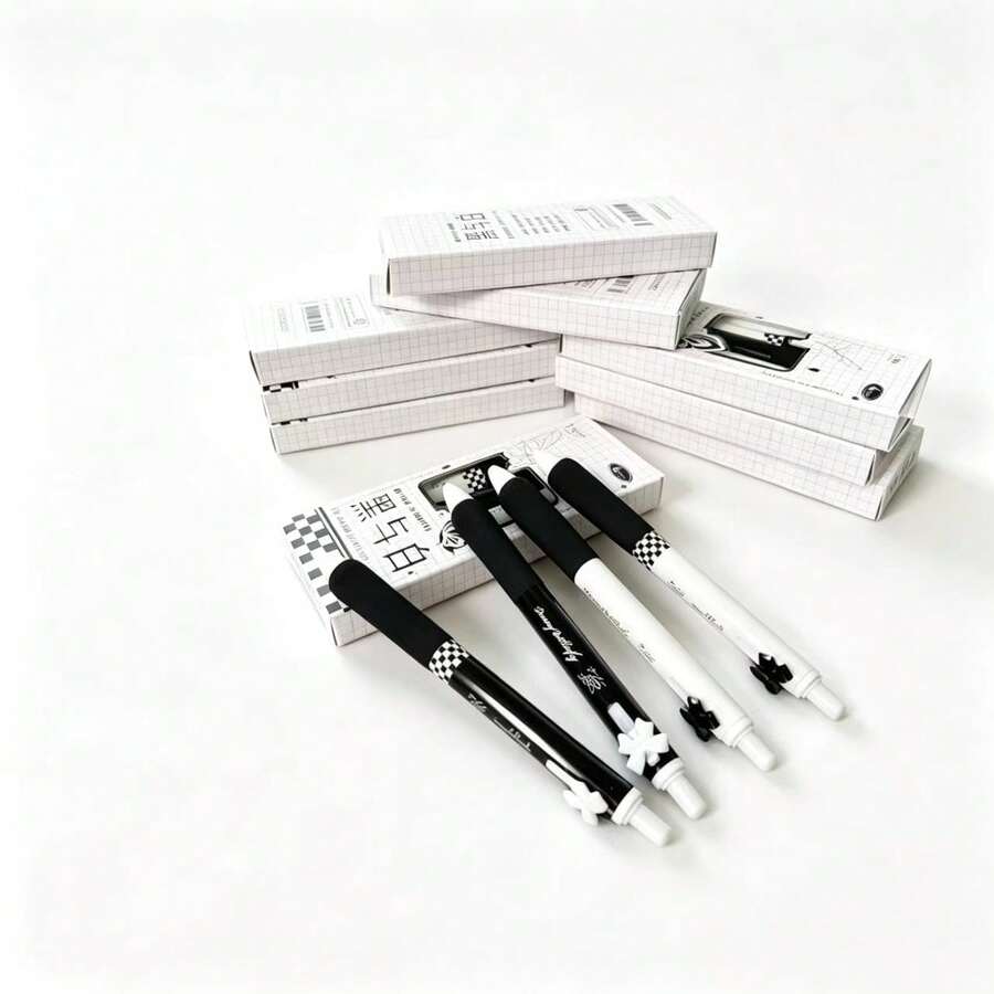 Black & White Checkerboard Bow Limited Edition Retractable Neutral Gel Pen, Ins Minimalist Smooth Quick-Dry 0.5mm Needle Tip Black Ink Pen, Student Exam Practice Note-Taking Planner Stationery Set For Artistic Girls, Boxed Writing Supplies