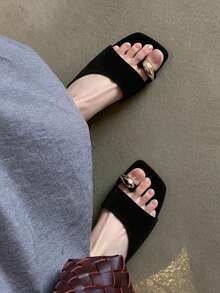法式復古女款露趾一腳蹬涼鞋，夏季戶外穿著，粗高跟拖鞋夾腳拖 - 黑色 - 查看 2