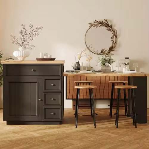 Extendable Kitchen Island (120-184 Cm) With Drawers And Casters, Mobile Island With Wood-Effect Top, Versatile Countertop For Kitchen, Dining Room And Bar, White - Black - View 4