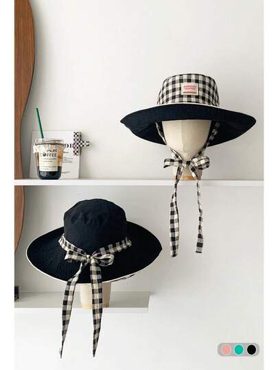 Large Head Circumference Face-Slimming Vintage Check Pattern Patchwork Contrast Color Lanyard Wide Brim Bucket Hat Boho Vacay Spring Summer Sun Hat Bright Monochromatic Looks Tie-Up Sun Protection Hat Travel UV Protection