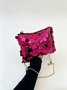 Fashion Colorful Sequin Rectangular Women's Bag New Style Personalized Versatile Zippered Crossbody Bag Niche Design Chain Evening Bag Due To Lighting And Angle, Actual Product May Have Slight Color Difference From Image Lightweight Mini Bag, Chain Bag, Handbag, Bucket Bag, Suitable For Girls, Students And Working Women, Applicable For Office, Campus, Daily Commute, Outdoor Activities, Travel And Sightseeing, Made Of High-Quality Material - Hot Pink - View 11