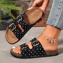 Polka Dot Double Strap Slides Korean Vintage Casual Open Toe Thick Sole Cork Sandals Soft Bottom Daily Home Outdoor Versatile Shopping Vacation Beach Shoes Comfortable Lightweight Women's Slippers - Black - View 6