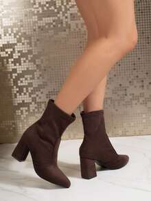 Women's Fashion Versatile Chunky High Heel Suede Patchwork Pointed Toe Slip-On Ankle Boots, Comfortable Leg-Lengthening Slimming Boots, Street Party Cute Outdoor Lolita Style - Brown - View 5