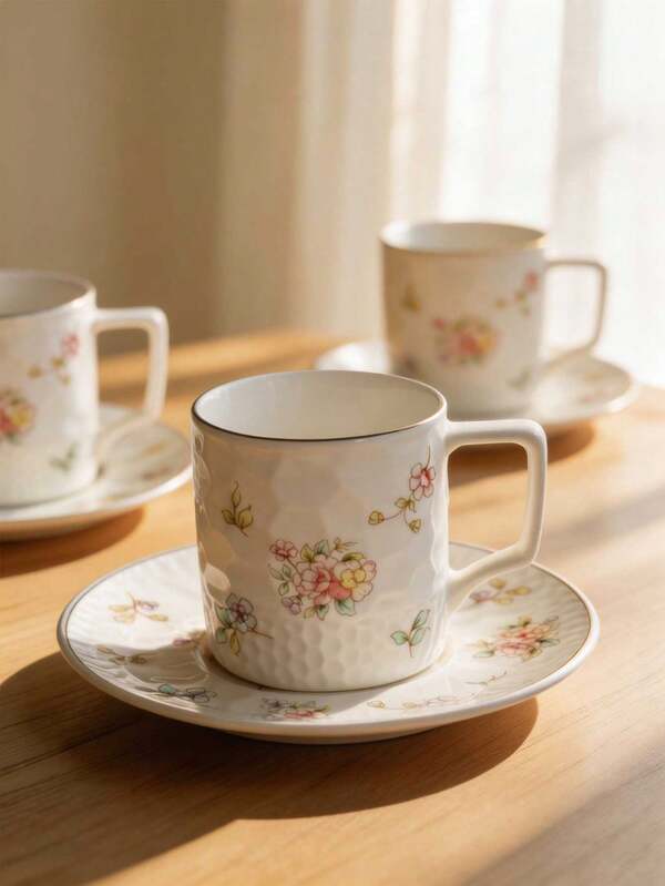 French Vintage Floral Espresso Cup And Saucer Set, 100ml Embossed Ceramic Coffee Cup, Elegant Porcelain Tea Cup Suitable For Home And Cafe