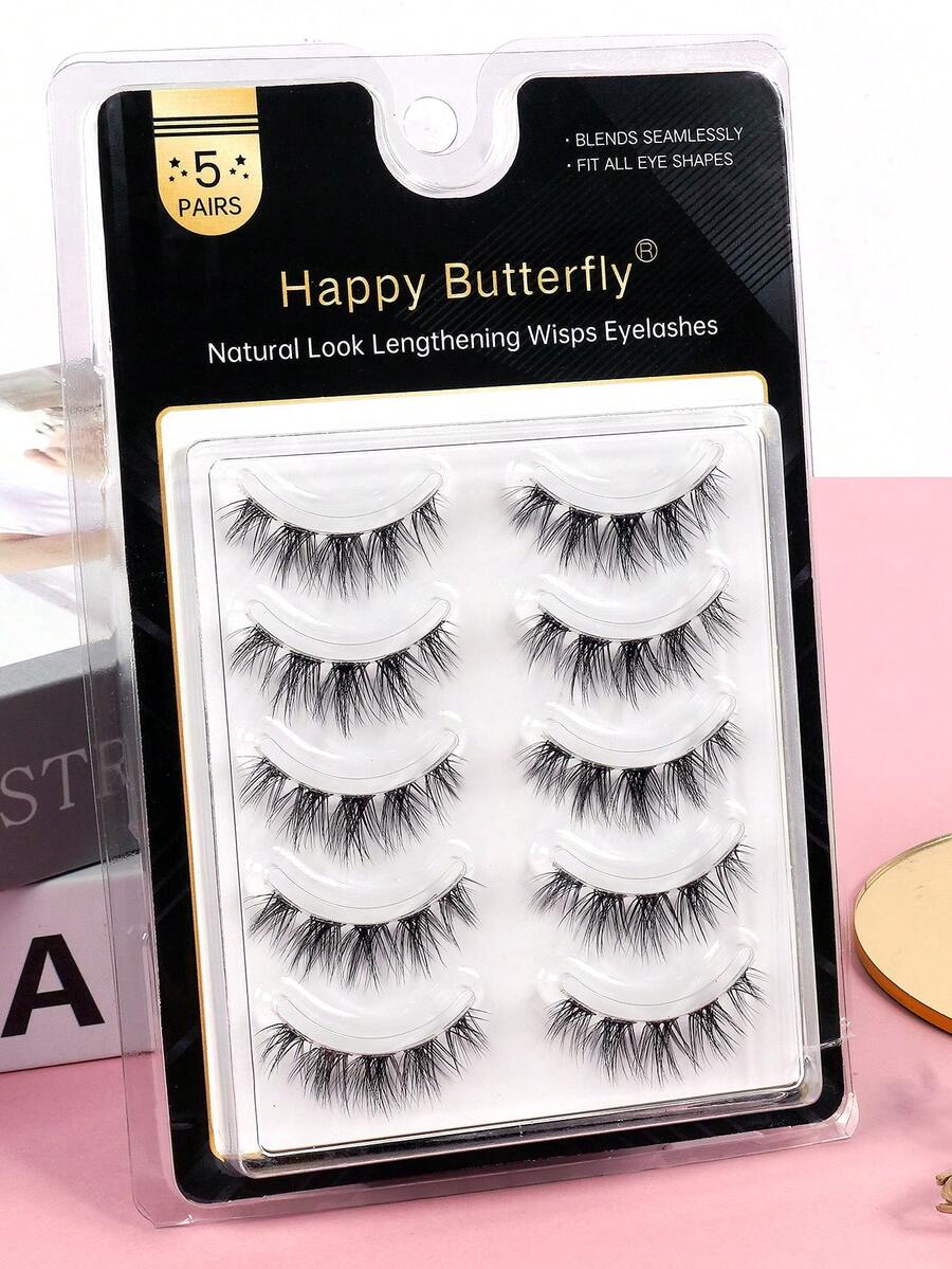 MAANGE 5 Pairs Natural Criss-Cross Full Head False Eyelashes, Transparent Eyelash Stem, Fluffy And Delicate, Suitable For Daily Use, Cartoon Style, Travel Essential