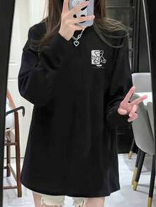 女款極簡配色字母熊雙面印花休閒長袖寬鬆百搭羅紋中性上衣T恤，適合居家、街頭穿著，黑色 - 黑色 - 查看 4