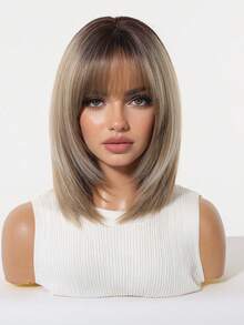 12 Inch Deep Root Light Brown Straight Bob Wig, Lightweight Soft Synthetic Fiber, Full Face Framing Bangs, Comfortable Adjustable Wig Cap, Suitable For Daily Commute, Vintage Photoshoot, Holiday Cosplay, Costume Party, Women's Fashion Synthetic Wig - Brown Ombre - View 3