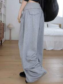 Women's High Waist Wide Leg Pants, Spring Drawstring Loose Long Pants, Lazy Relaxed Style Grey - Grey - View 4
