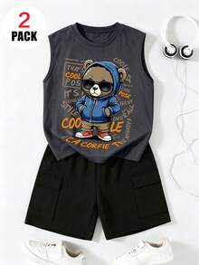 Teen Boys Casual Bear Print Tank Top And Cargo Shorts Set, Suitable For Commuting, School, Casual Outings, Sports, Spring/Autumn/Summer - Multicolor - View 2