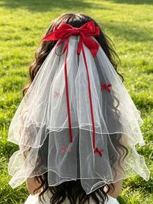 1pc Romantic Elegant Fashion Bridal Red Bow Mesh Ribbon Hair Clip - Red and White - View 1