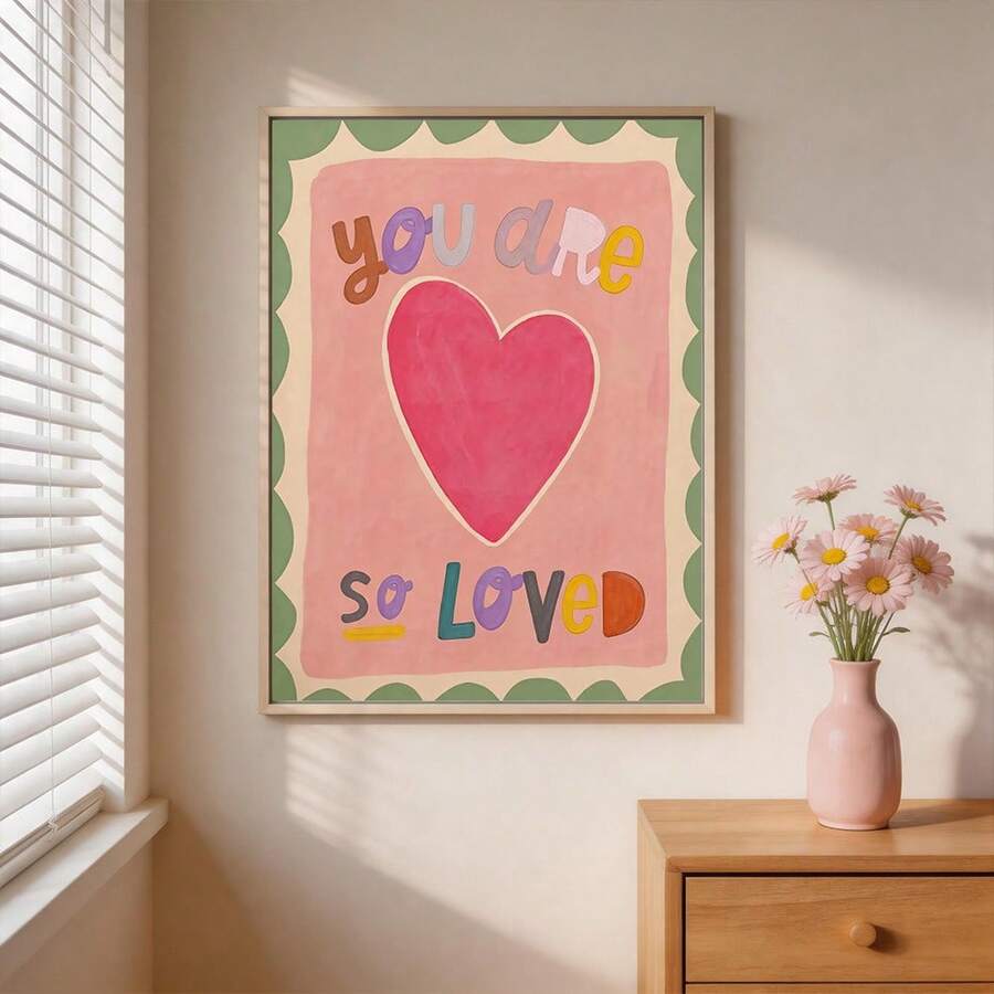 1 Stück "Du bist so geliebt" Herz Leinwand Wandkunst Ungerahmt, bunter Zitatdruck, Boho Kinderzimmer Ästhetik Dekoration, Poster für Wohnzimmer, Schlafzimmer, Küche, Eingangsbereich, Büro, moderne Heimdekoration, modische künstlerische Wandkunst