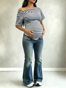Parara Maternity Bodysuit, Asymmetric Neckline, Short Sleeve, High Stretch Fabric, Open Back Design Summer - Blue - View 1