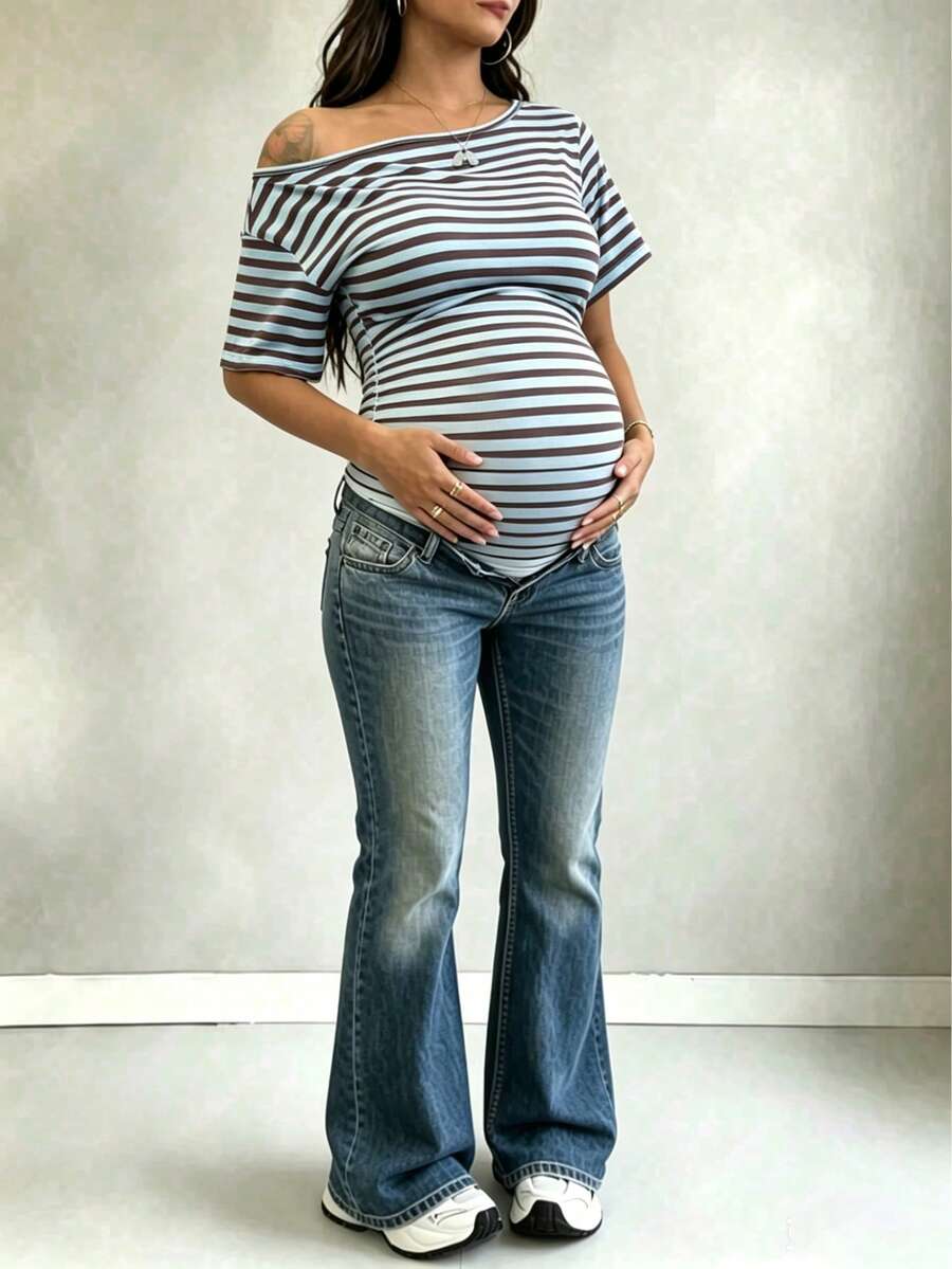 Parara Maternity Bodysuit, Asymmetric Neckline, Short Sleeve, High Stretch Fabric, Open Back Design Summer - Blue - View 1