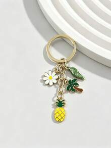 [1pc] Tropical Summer Style Keychain, Pineapple Palm Tree Daisy Shell Multi-Pendant Bag Charm, Enamel Gold Beach Vacation Key Ring, Summer Beach Bag Decoration Pendant, Vacation Style, Bag Charm, Summer Travel Gift Accessory - Yellow + Green + White - View 8