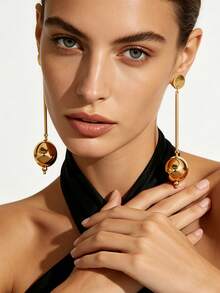 1 Pair Luxury Minimalist Vacation Style Gold-Plated Thin Stem Long Dangle Asymmetrical Water Drop Metal Pendant Earrings, Women's Daily Versatile Date Beach Elegant Jewelry - Yellow Gold - View 3