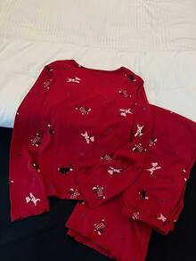 Women's Red Cartoon Puppy Print Pajama Set, Long Sleeve Top With Padded Chest And Long Pants, Cardigan Style Loungewear, New Design, Suitable For Outdoor Wear, Random Print - Red - View 2