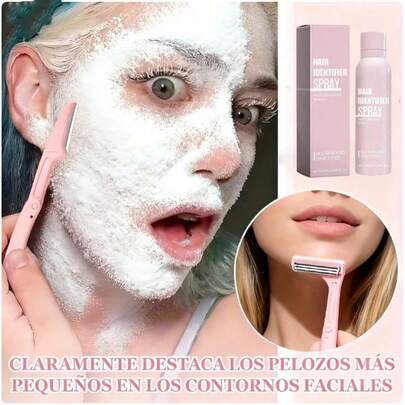 Spray depilatorio facial y corporal, exfoliante e hidratante, ilumina la piel. Aplicar, dejar secar en polvo y retirar. Fórmula suave unisex, apta para rostro y cuerpo. Incluye 4 recortadores de cejas. Limpia y elimina vello suavemente.
