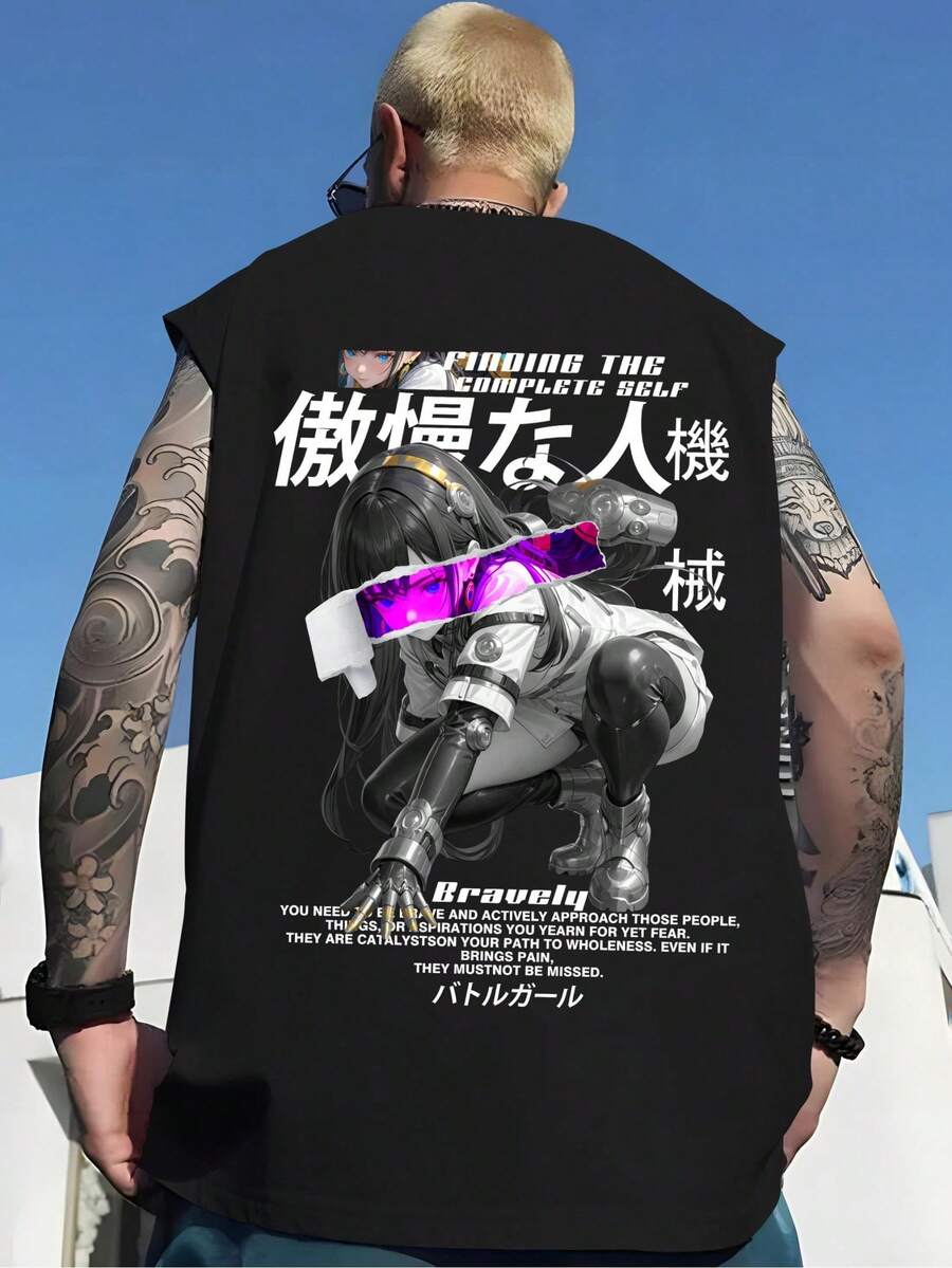 Chaleco cuello redondo con gráficos y letras, holgado para estilo veraniego - Negro - Ver 1