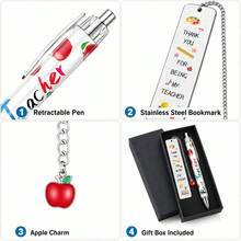 3-Piece "Thank You Teacher" Gift Set, Includes Apple Pendant Metal Bookmark, Matching Ballpoint Pen And Gift Box, Suitable For Male And Female Teachers As Appreciation Gift, Applicable For Back To School, End Of School Year And Reading/Writing Themed Gifts - "Thank You Teacher" Gift Set - View 3