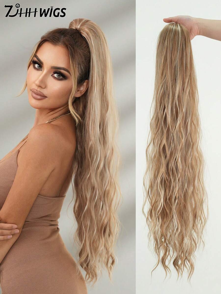 7JHH WIGS Damen 34" Karamell-Blond Highlight Lockig-Wellig Pferdeschwanz-Extension | Mit Kordelzug gesichert, weiches synthetisches Haar – ideal für den Alltag, Partys & sofortigen Volumen-Boost