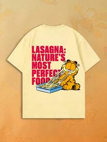 SHEIN | Garfield Áo thun nữ oversize màu vàng nhạt, mặt trước in logo đỏ lớn, mặt sau in chữ đỏ Lasagna Lover NATURE'S MOST PERFECT FOOD, dáng rộng thoải mái thường ngày - Màu vàng - Xem 1
