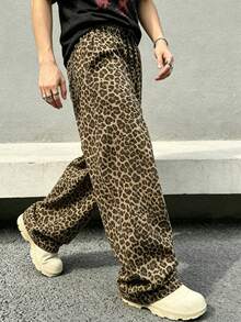 American Street Style Vintage All-Over Print Casual Long Pants, Adjustable Drawstring Elastic Waist, Loose Straight Leg Wide Leg, Slouchy Casual Commute Versatile Long Pants - Black - View 4