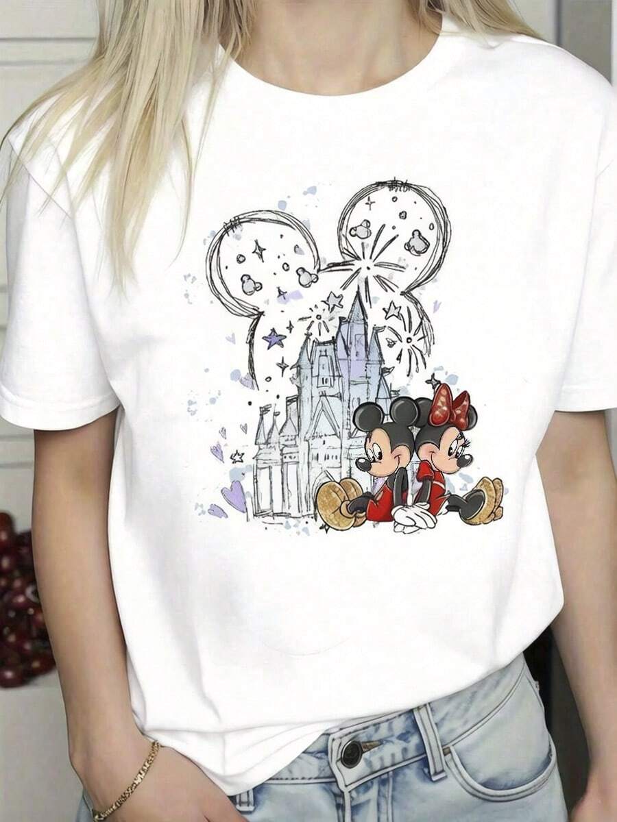 Oversize T-Shirt Disney Cartoon Retro Mouse Group Printed T-Shirt Suitable 100% Cotton For Women, Suitable For Daily Outings Summer Casual Wear - 白色 - 查看 1