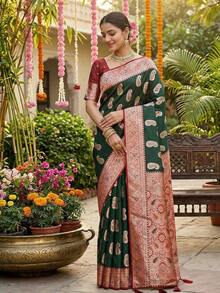 Silk Saree With Unstitched Blouse, Cultural Wear For Women - Multicolor - View 2