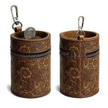 Handmade Piggy Bank Made Of Top-Grain Cowhide With Tang Grass Pattern, Fits Into Car Cup Holders, Coin Purse, Coin Storage Box, Money Clip, - Tang Grass Pattern - Coffee Color - View 3